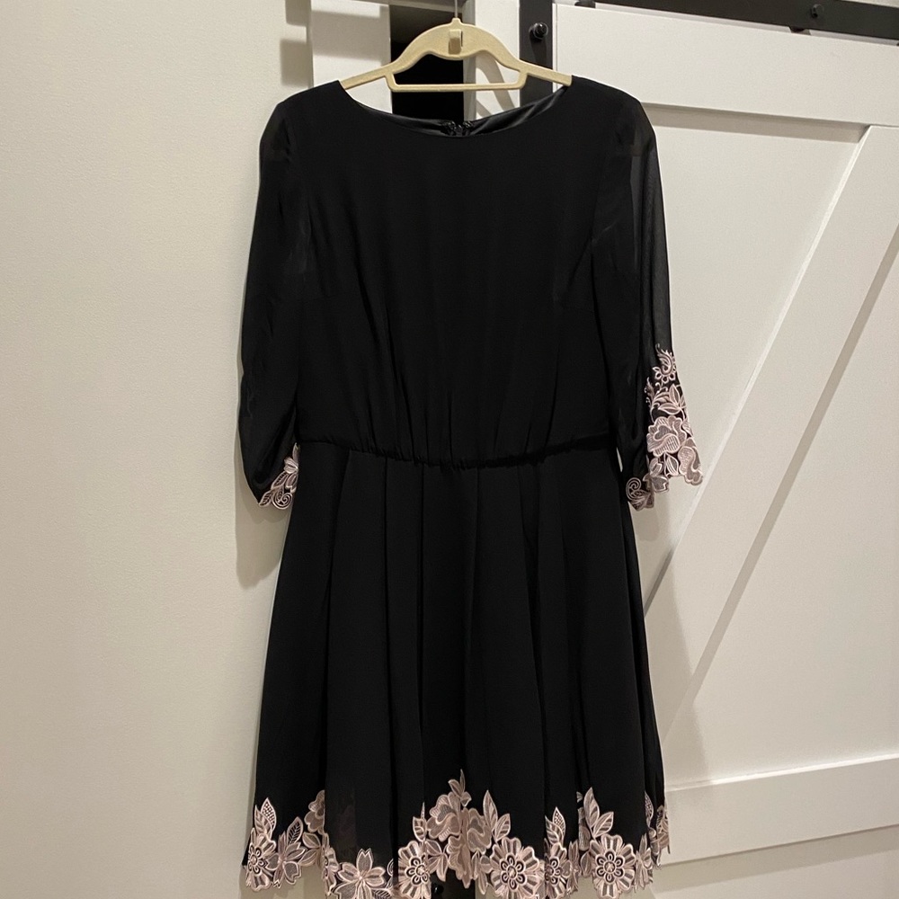 Ted Baker 3/4 Sleeve Black Cocktail Dress - Pink/White Flower Trim - Size US 4